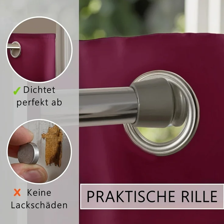 tinycurtains Türvorhang mit Stange silber 55-90 cm ohne Bohren, Thermo Vorhang mit Magneten, Ösen, abdunkelnd, Polyester, blickdicht, bordeaux rot Berry, Türgardine mit Klemmstange verdunkelnd – Bild 9