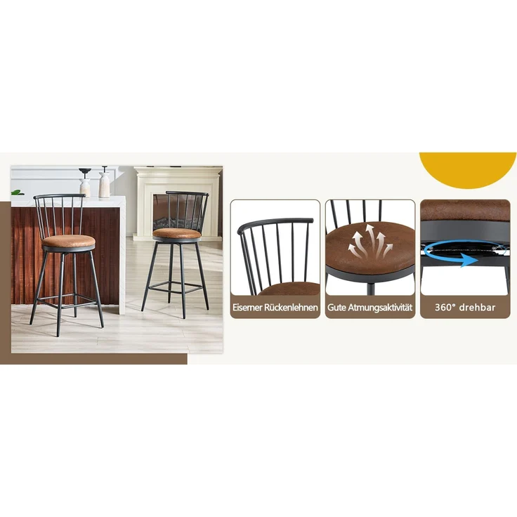 Moderner Metall-Barhocker im Windsor-Stil mit gepolstertem Sitz für Kücheninseln, Bars, Restaurants; Barhocker im Industrial-Stil in Barhöhe; Vintage- und Minimalismus-Stil--Braun--96x39x39cm--YOUDENOVA – Bild 10