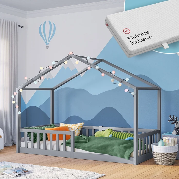 Bellabino 'Bia' Hausbett 90x200 cm mit Matratze, grau, Kiefer Massivholz, Bodenbett in Hausoptik, Montessori Kinderbett mit Rausfallschutz und Lattenrost – Bild 1