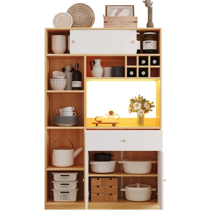 ZUBALIYA Buffetschrank 115x35x180 cm, mit LED-Beleuchtung, aus Spanplatte, Weiß / Natur – Bild 23