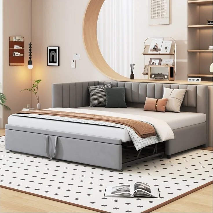 Odikalo Schlafsofa Polsterbett Ausziehbar 90/180*200cm Lattenrosten Samtstoff Beige/Grau – Bild 5