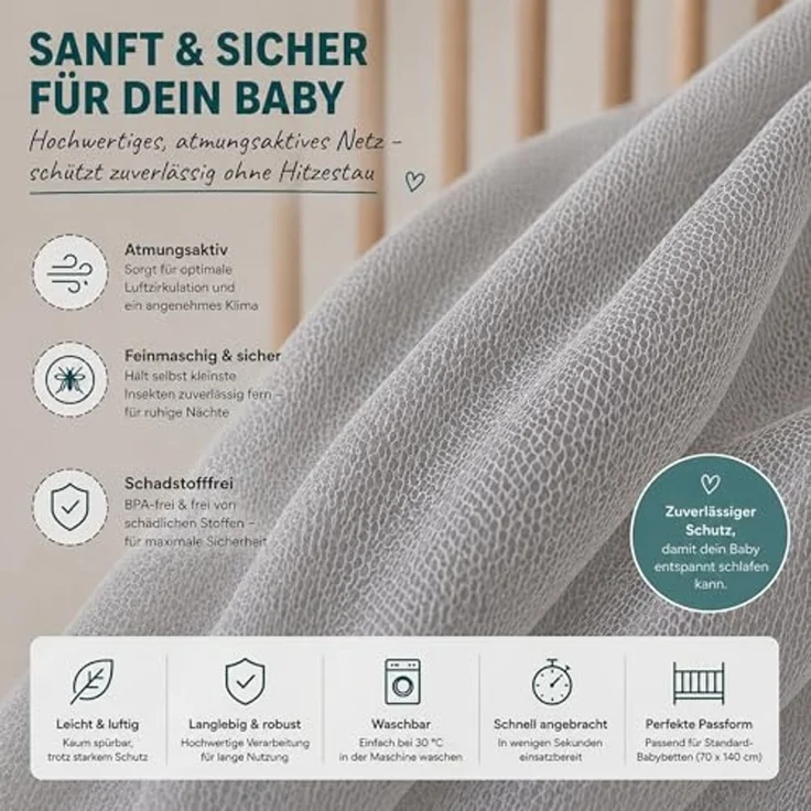 Moskitonetz Babybett/Kinderbett Mückenschutz/Insektenschutz mit Reißverschluss zum Öffnen in der Mitte/Farbe: Anthrazit – Bild 6