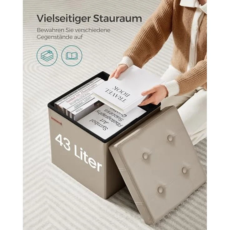 Songmics Sitzhocker 38 cm, Aufbewahrungsbox faltbar, Fußhocker mit Deckel, aus Kunstleder, bis 300 kg belastbar, für Eingang, Wohnzimmer, Schlafzimmer, kamelbraun LSF030K13 – Bild 6