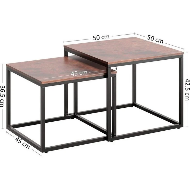 Home Collective Couchtisch Kleiner 2er Set aus Holz, Wohnzimmertisch Modern (Beistelltisch Set 2 in 1 mit Metallgestell, Büro Beistelltisch Loft Design TWIN, kratzfeste Oberfläche, Set 2 in 1), Quadratisch in Eiche dunkel, für Wohnzimmer – Bild 2