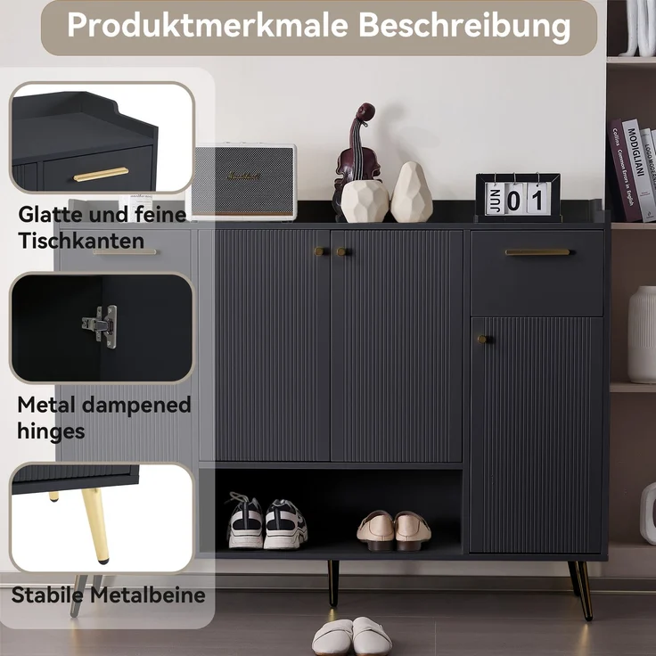 Schuhschrank Schwarz mit 4 Türen, 2 Schubladen und offenem Fach, Aufbewahrungsschrank für Schuhe, Flur, Eingangsbereich – Bild 8