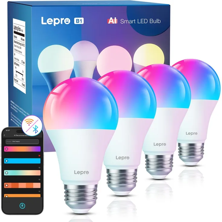 Lepro AI Smart Glühbirne B1, E27 Lampe 8.5W 806lm Dimmbar, Personalisierter KI-Lichtdesigner, Sprachsteuerung/Musik Sync, WiFi & Bluetooth Smart Bulb, Kompatibel mit Alexa/Google Assistant, 4 Stück