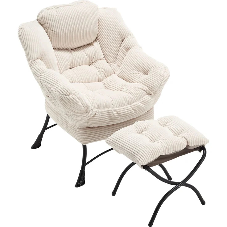 Flieks Loungesessel mit Hocker, ergonomischer Ohrensessel mit Stahlrahmen, weicher Cordstoff, Seitentasche, Beige – Bild 10