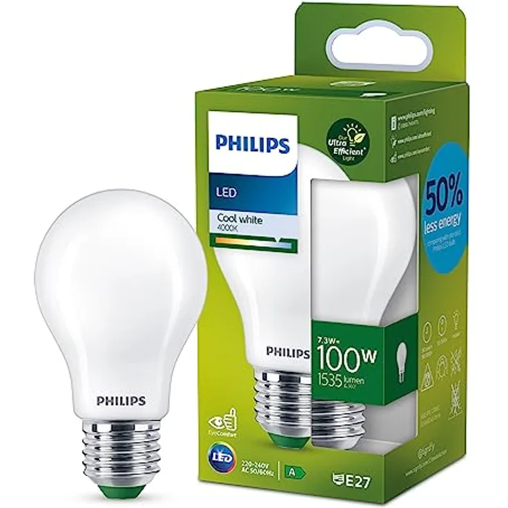Philips E27 LED-Lampe A60, 7,3W, 1535lm, 4.000K, matt, energieeffizienter Ersatz für 100W Glühlampe