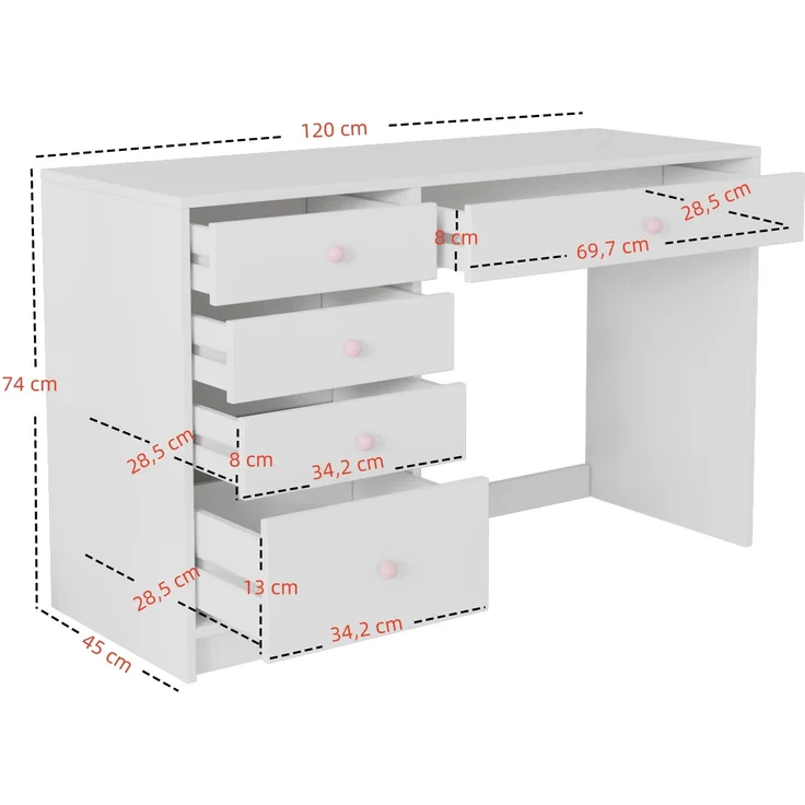 EINHOM Schreibtisch, Schlichter Kinderschreibtisch, Zeitloser Computertisch/Dressingtable, mit 5 Aufbewahrungsschubläden, Rosa Keramikgriffen, für jedes Alter geeignet, Weiß, 120 x 45 x 74 cm – Bild 2