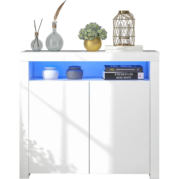DESVIAE Sideboard mit LED-Beleuchtung und 2 Türen 108x92x40 cm Holzwerkstoff Weiß – Bild 7
