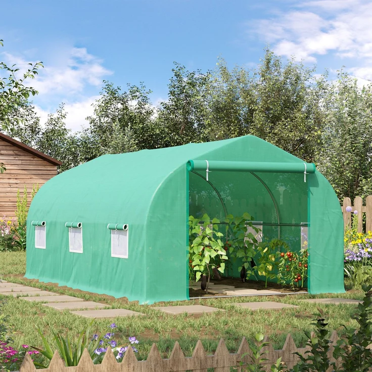 MELAYR, Gewächshaus 4.5 x 3 x 2 m Foliengewächshaus mit Rollbar Reißverschlusstür 6 Netzfenster Stützstangen, Grün – Bild 4