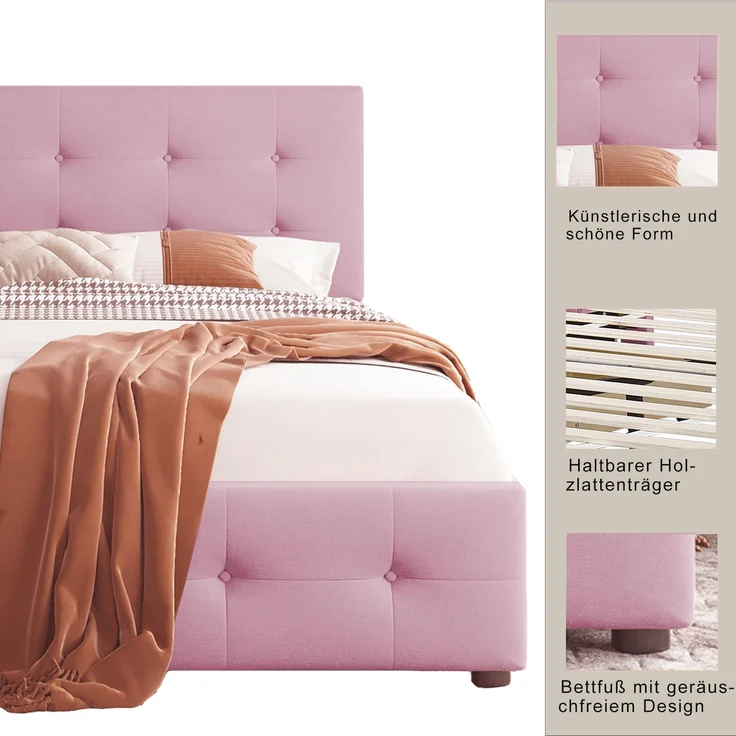 Polsterbett, 90 x 200 cm Bett mit Lattenrost, Rückenlehne und zwei Schubladen, hautfreundlicher Samtstoff, Beige flaches Einzelbett Kinderbett Jugendbett Gästebett, Samtstoff, Beige/Rosa, 90 x 200 cm – Bild 7