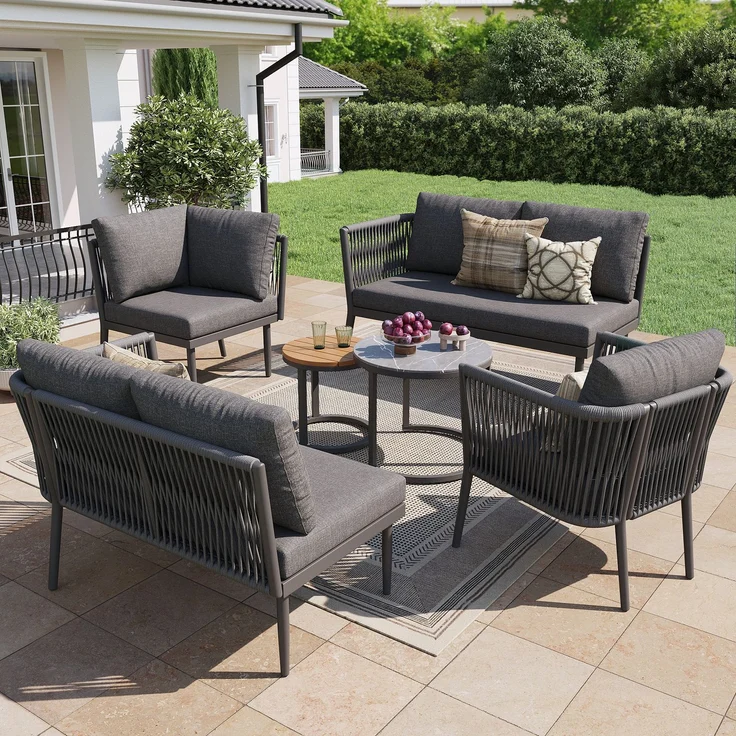 Merax Gartenlounge-Set für 5-6 Personen, 6-Sitzer Gartenmöbel-Set Sitzgruppe mit 2 stapelbaren Couchtische, grau – Bild 2