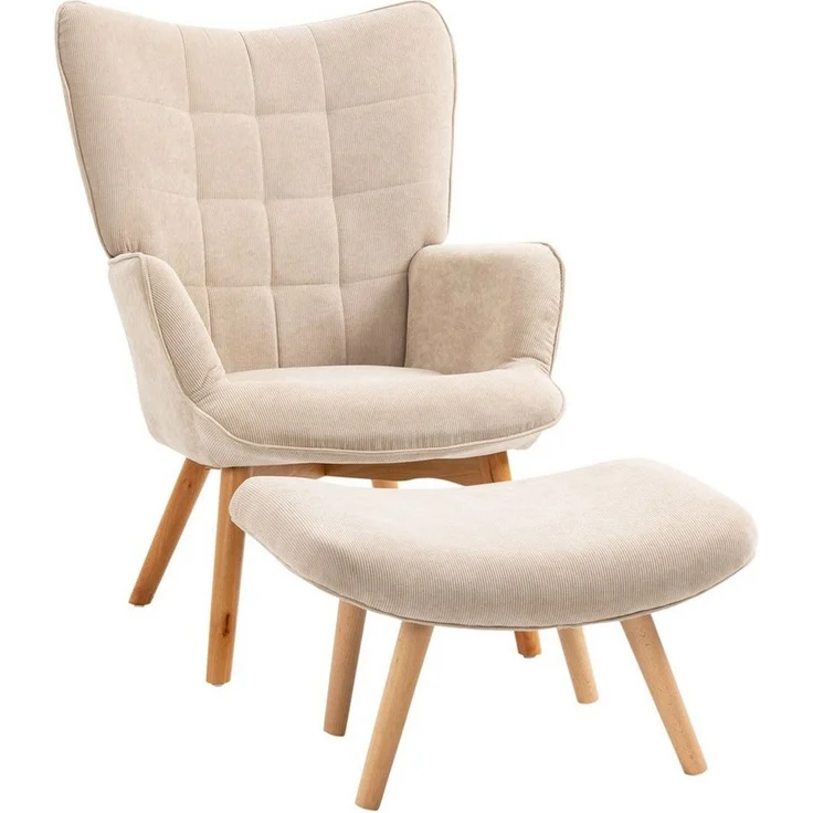 HOMCOM Relaxsessel Loungesessel mit Hocker, Armlehnstuhl mit Holzbeine, Fernsehsessel (Ohrensessel, 1-St, Relaxsessel), mit Cord-Optik – Bild 1