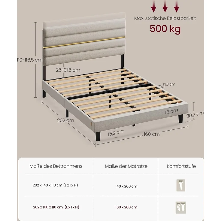 VASAGLE Bettgestell, Doppelbettgestell, passend für 160 x 200 cm Matratze, verstellbares gepolstertes Kopfteil, modern, beige – Bild 2