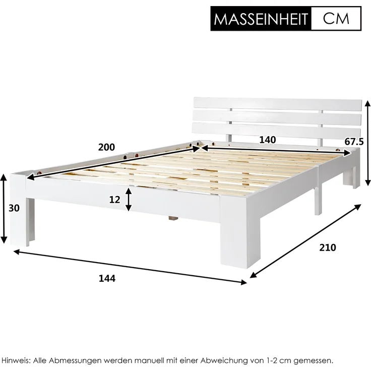 Holzbett Massivholz mit Lattenrost, 140x200 cm, Weiß, ohne Matratze – Bild 6