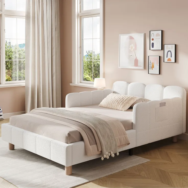 Merax Polsterbett, Einzelbett, Kinderbett 90x200 cm, Bett mit und gepolstertes Kopfteil und Rausfallschutz, Bettbeine aus Massivholz, bouclé, beige