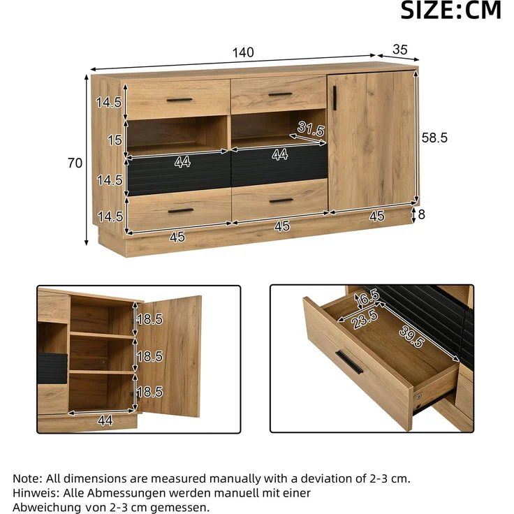 DESVIAE Sideboard Eiche aus MDF – 140x70x35 cm – 6 Schubladen, 1 Tür – Bild 10