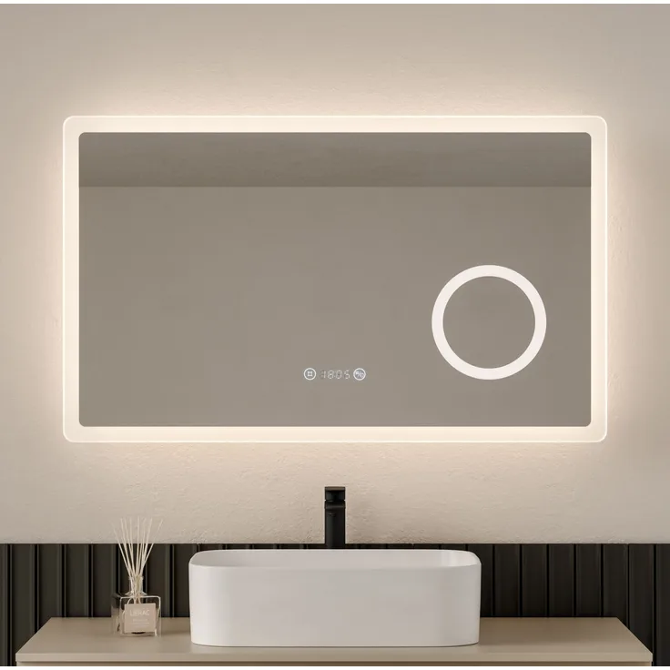 EMKE LED Badspiegel 100x60cm Uhr 3 Lichtfarben Dimmbar 3-fache Vergrößerung