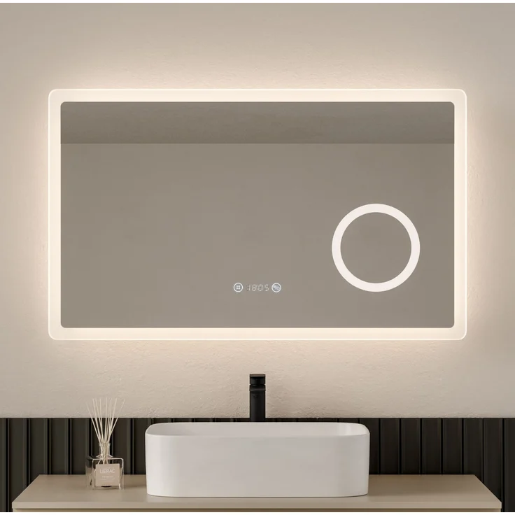 EMKE LED Badspiegel 100x60cm Uhr 3 Lichtfarben Dimmbar 3-fache Vergrößerung – Bild 1