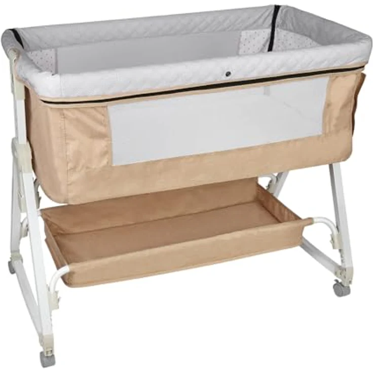 HUOLE 3 in 1 Beistellbett, Reisebett Baby mit Matratze, Babybett 6 Fach höhenverstellbar mit Aufbe, tragbarer Stubenwagen mit Rollen für Baby bis 36 Monaten-92 * 52 * 106-118cm – gebrochenes Weiß – Bild 1