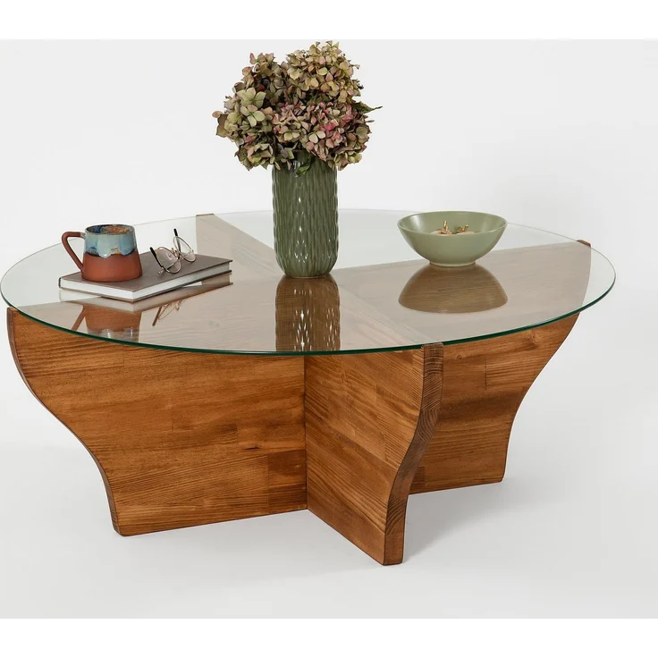 Modern Coffee Table, Chestnut Color, 92 x 36 x 92 cm | 100% Tempered Glass Top, 100% Pine Solid Wood Frame | Stylish & Functional for Living Spaces – Bild 1