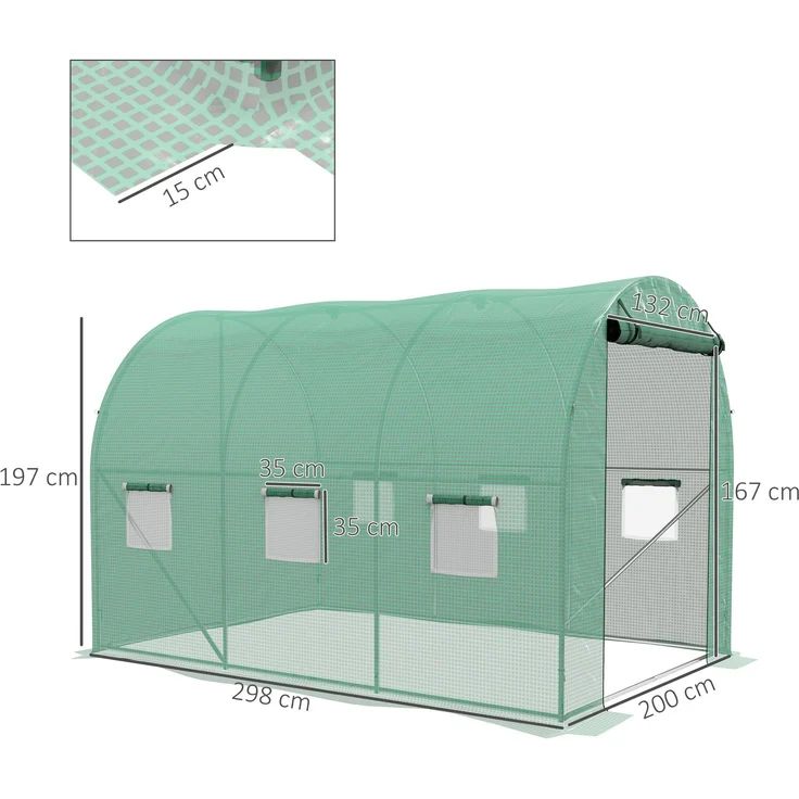 Wohnora-6 m² Tunnelgewächshaus mit integriertem Bewässerungssystem, 3 m x 2 m, 6 Fenster, Rolltor, grün,H 1970cm x T 1465cm x B 2000cm – Bild 4
