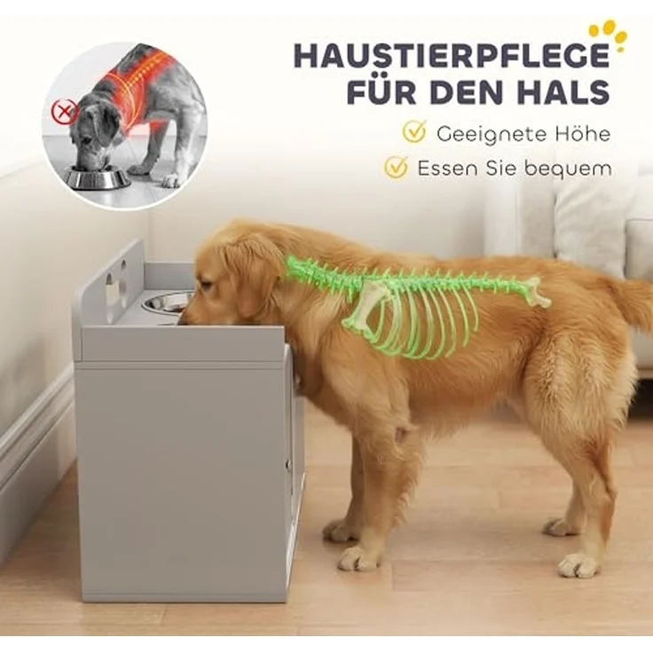 PawHut Futternapf Erhöhte Futterstation mit Aufbewahrungsschrank, 2 Schüsseln, Edelstahl, für große Hunde, Grau – Bild 4