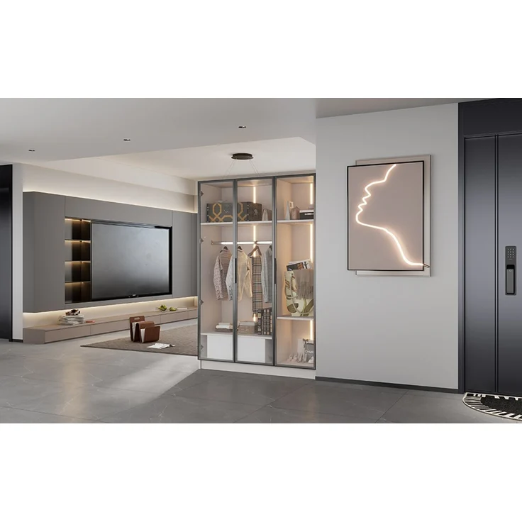 Kleiderschrank aus Spanplatte mit 3 Glastüren, Schublade & Kleiderstange, 110x50x160 cm, Weiß – Bild 8
