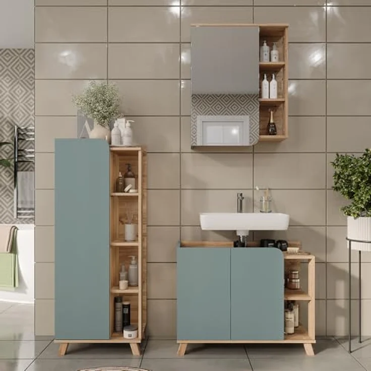 Vichy Badmöbel-Set Karen, 3-teilig mit Waschbeckenunterschrank und Spiegelschrank, Sonoma/Blau – Bild 3