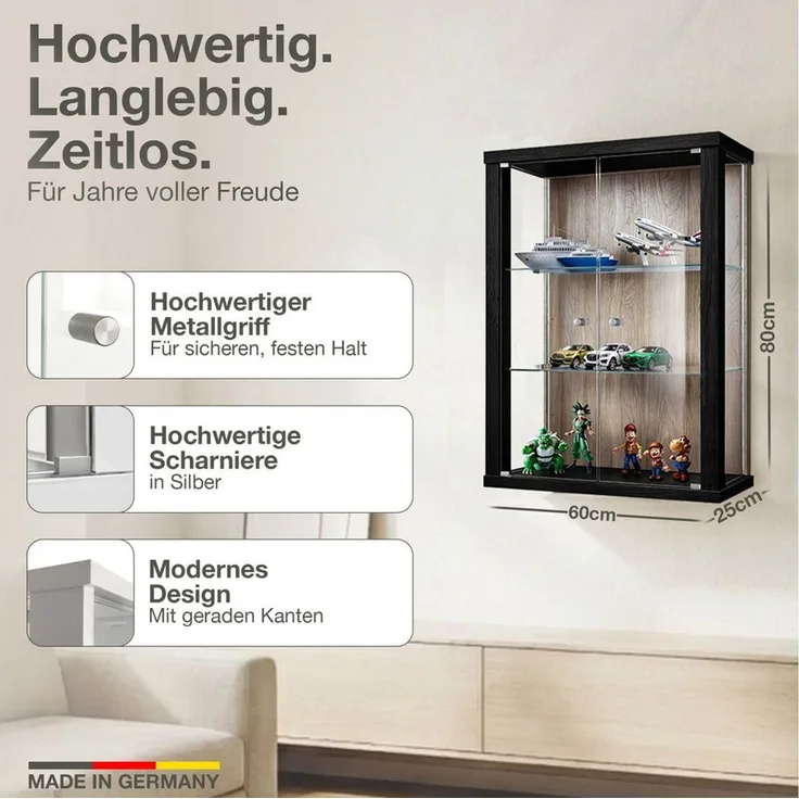 K-Möbel Hängevitrine C1012 (Glasvitrine (80x60x25 cm) mit 2 Glastüren) Glasvitrine hängend