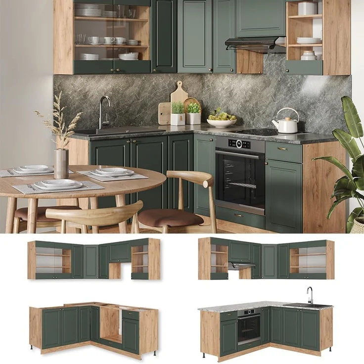 Eckküche Fame-Line Grün-Gold Landhaus/Goldkraft Eiche 190 x 160 cm ohne Arbeitsplatte Vicco – Bild 5