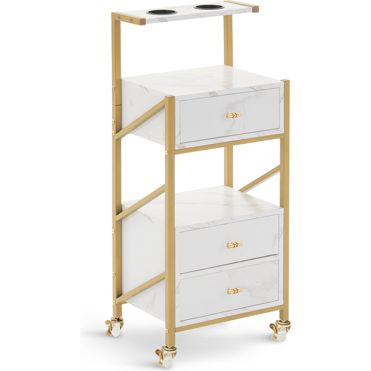 M MCombo Friseurwagen mit Rollen & 3 Schubladen, Rollwagen Servierwagen Weiß-Gold, Salon Trolley mit 2 Ablagen & 2 Föhnhalter, Moderner Arbeitswagen für Bad Wohnzimmer 0048