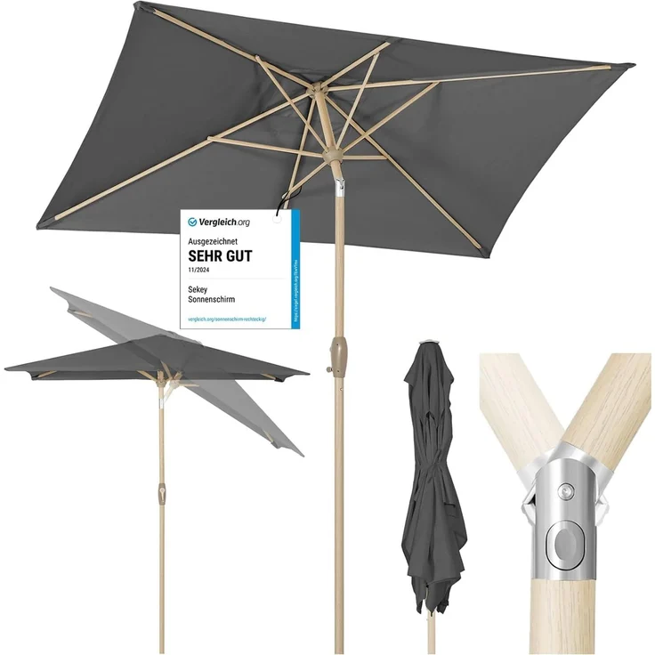 Sekey Sonnenschirm mit Kurbel und UV50+, knickbar, Aluminium hellgrau / natur, 210 × 140 cm – Bild 1