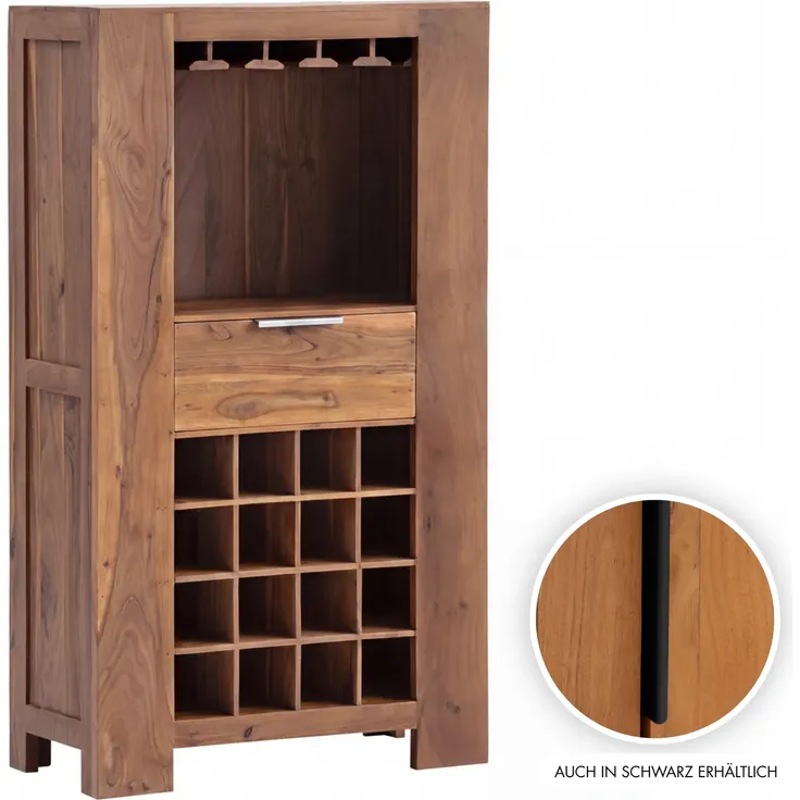 Barschrank Bar-Highboard Woodkings Osbon Massivholz Akazie braun mit Flaschenregal Gläseraufhängung Getränkeschrank 80x145x45 cm