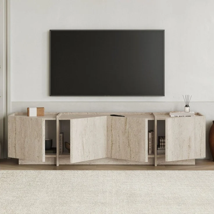 Modern TV Stand, Travertine Color, 180 x 46 x 35 cm | 100% Melamine Coated Particle Board, 18 mm Thickness | Soft-Close Hinges, Stylish Design for Living Room & Entertainment Spaces – Bild 3