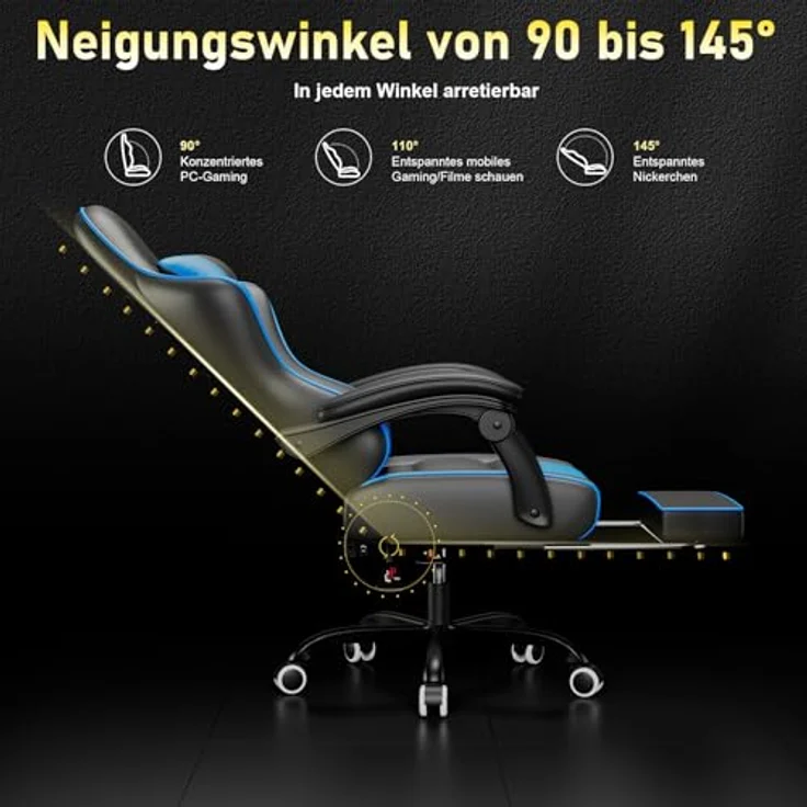 JUMMICO Gaming Stuhl mit massagefunktion, ergonomischer Gaming Stuhl,EIN Gamingstuhl mit Lendenkissen, Fußstütze und Kopfstütze,PC - Stuhl, Tragfähigkeit 150 kg - Blau – Bild 7