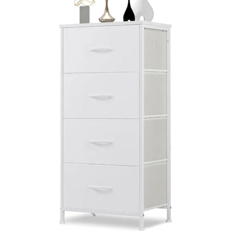 DUMOS Kommode mit Schubladen - kommoden & Sideboards für Schlafzimmer Geeignet, Komodenschrank mit 4 Schubladen, Stoffkommode mit Stabilem Stahlrahmen, Ideal für Schlafzimmer, Wohnzimmer (Weiß) – Bild 2