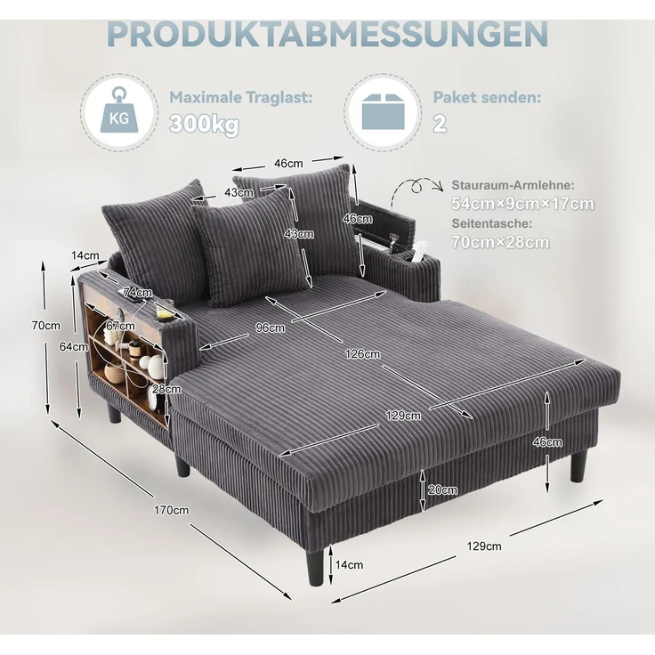 LVHOM Schlafsofa mit LED & USB, Chaiselongue mit Becherhalter & Stauraum, großes Einzelsofa bis 300kg belastbar, inkl. 3 Kissen, 129x170cm, Grau – Bild 7