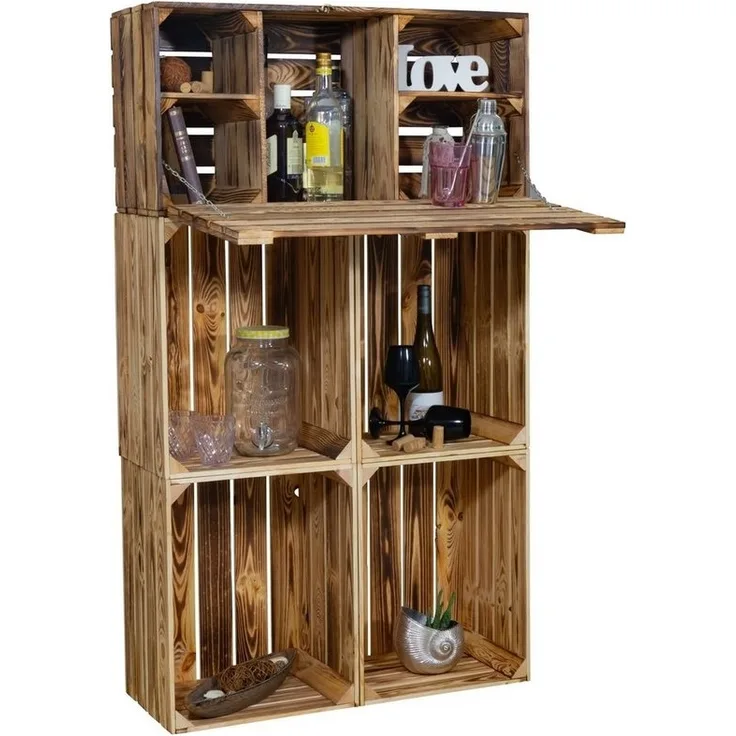 Kistenkolli Altes Land Allzweckkiste Minibar "Daniel" mit Klappfunktion und Flaschenregal (Geflammt) (Spar-Set)