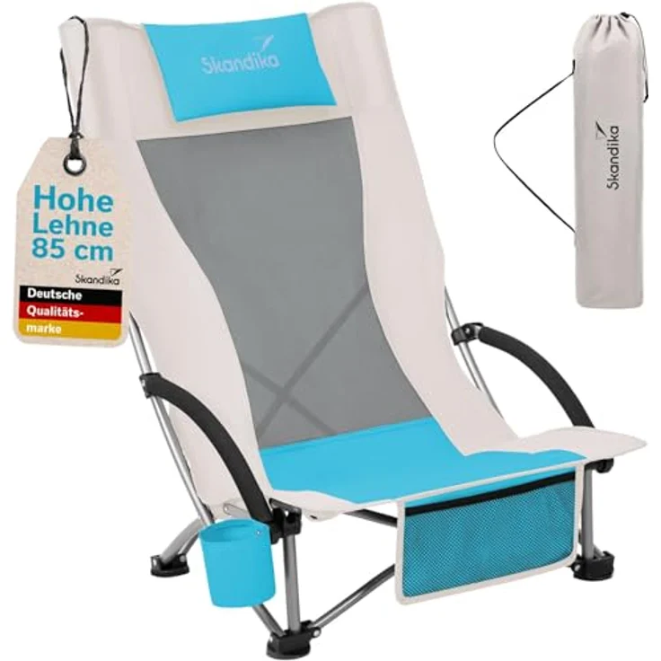 Skandika Strand Klappstuhl Beach | Bequemer Strandstuhl mit atmungsaktivem Mesh, Getränkehalter, niedrig, leicht zu transportieren, max. 136 kg | Faltbarer Campingstuhl, Liegestuhl (beige/türkis) – Bild 2