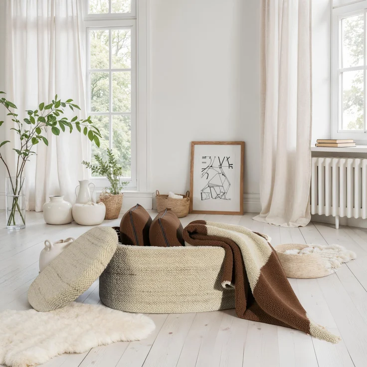 Sitzhocker mit Stauraum Wolle oval 81cm Braun abnehmbarer Deckel Wohnzimmer Schlafzimmer – Bild 4