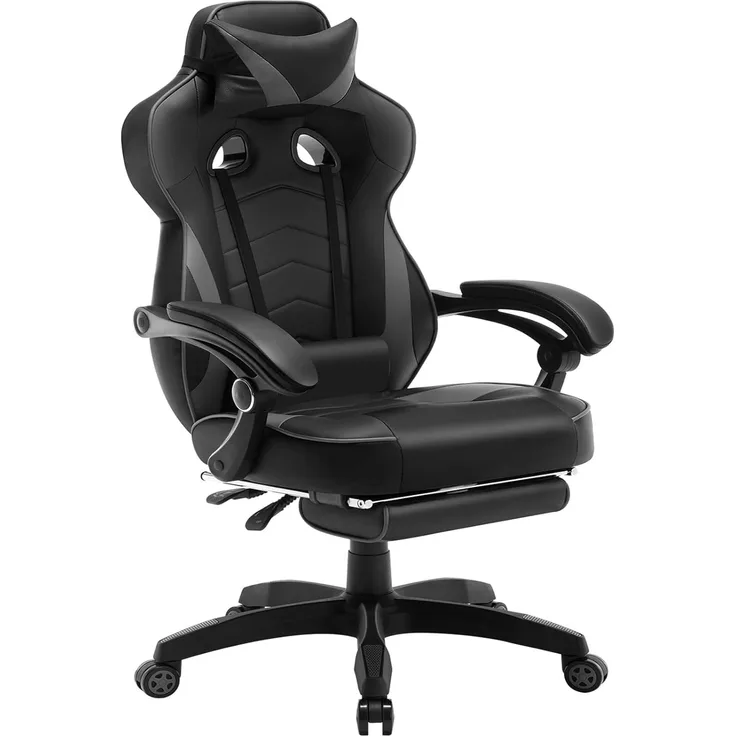 WOLTU Gaming Stuhl Racing Stuhl Bürostuhl Chefsessel Schreibtischstuhl Sportsitz mit Kopfstütze und Lendenkissen, mit Fußstütze, Kunstleder, höhenverstellbar, Grau, BS71gr