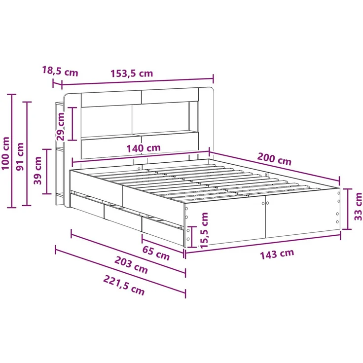 vidaXL Bettgestell mit Stauraum und Kopfteil Sonoma-Grau 140 x 200 cm 3434048 – Bild 11