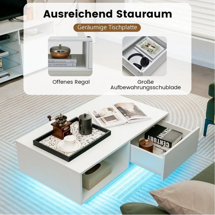 COSTWAY Couchtisch, mit 20 Farben LED-Beleuchtung, Fernbedienung, Schublade – Bild 2