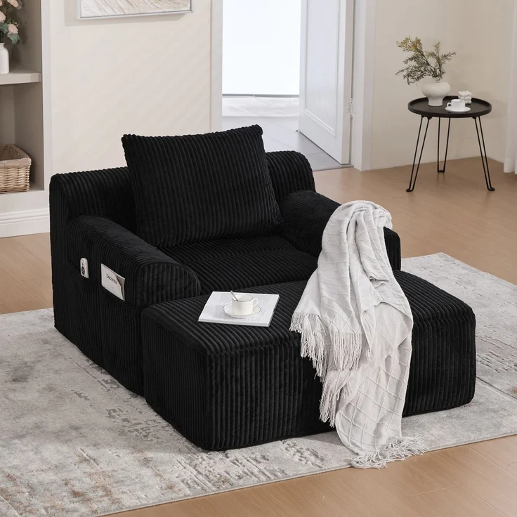 Sessel Cord mit Fußhocker, 147 x 110 x 67 cm,Relaxsessel mit Stauraumtaschen & Federkern, kein Aufbau,Schwarz – Bild 2