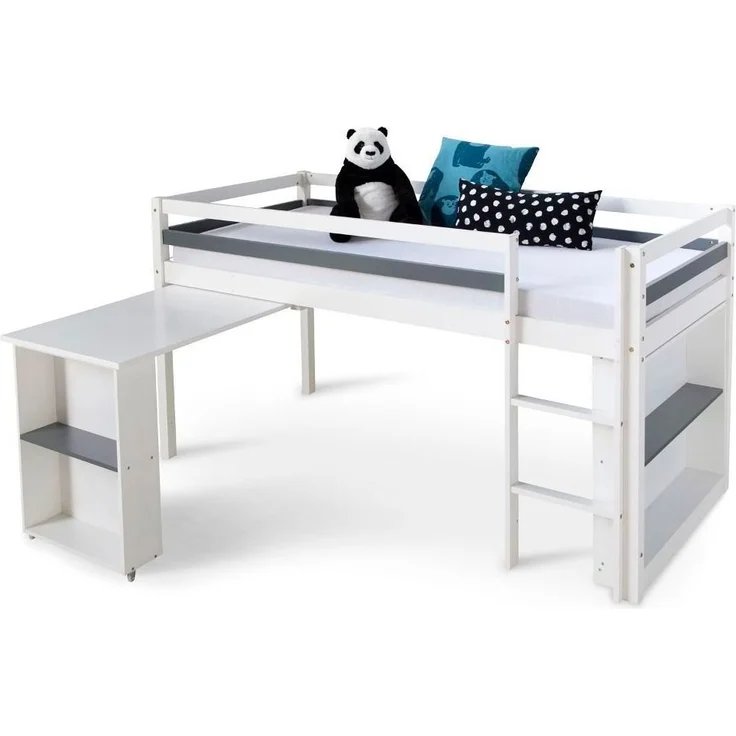 Homestyle4u Funktions-Halbhochbett mit Schreibtisch, Kiefernholz weiß, 90x200 cm – Bild 1