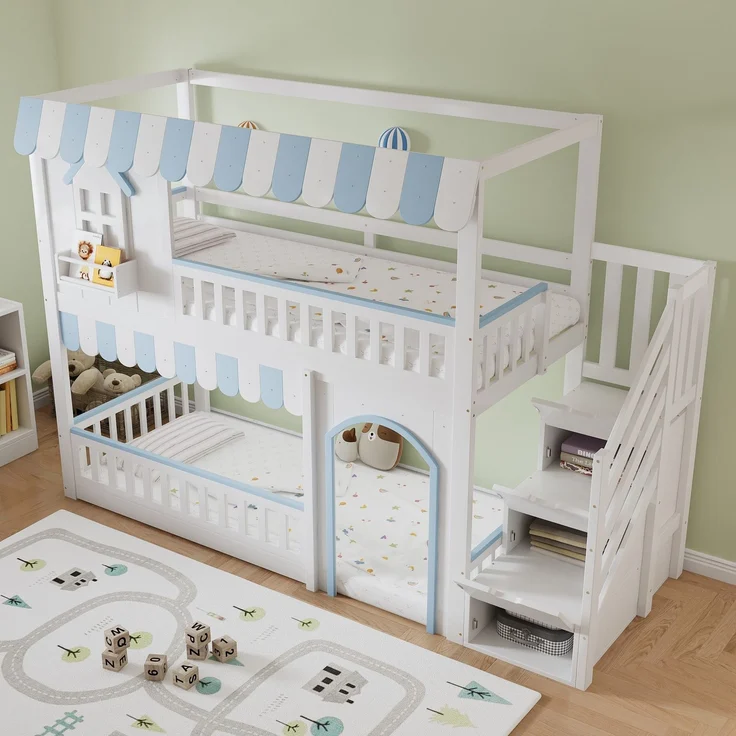 Etagenbett mit Regal, Schrank, Lattenrost, Tür und Treppe, 90x200cm, Kinderbett mit Rausfallschutz, Hochbett, Kiefer – Bild 3