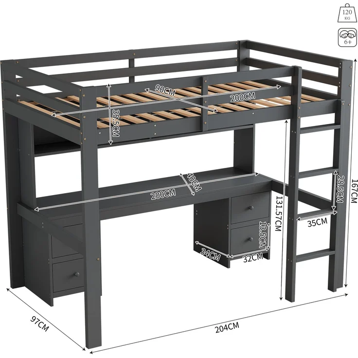 Hochbett 90x200 cm mit Schreibtisch und Stauraum,Kinderbett aus massivem Kiefernholz,Multifunktionsbett mit 4 Schubladen und 4 Regalfächern,Grau – Bild 7