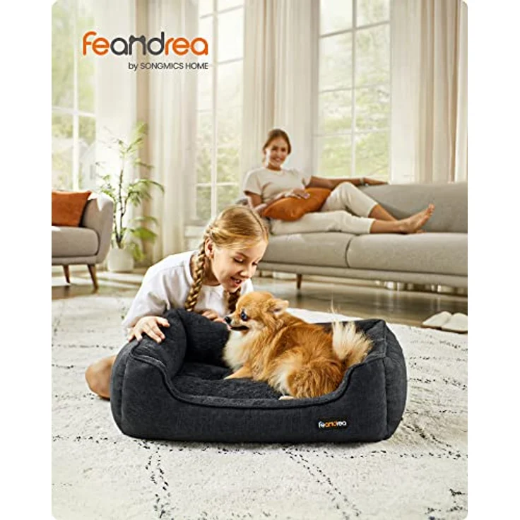 Feandrea Hundebett, Hundekissen in Leinenoptik, Hundekorb, erhöhte Ränder, rutschfeste Unterseite, Bezug abnehmbar waschbar, M, für kleine Hunde, 70 x 55 x 21 cm, dunkelgrau PGW010G01 – Bild 3